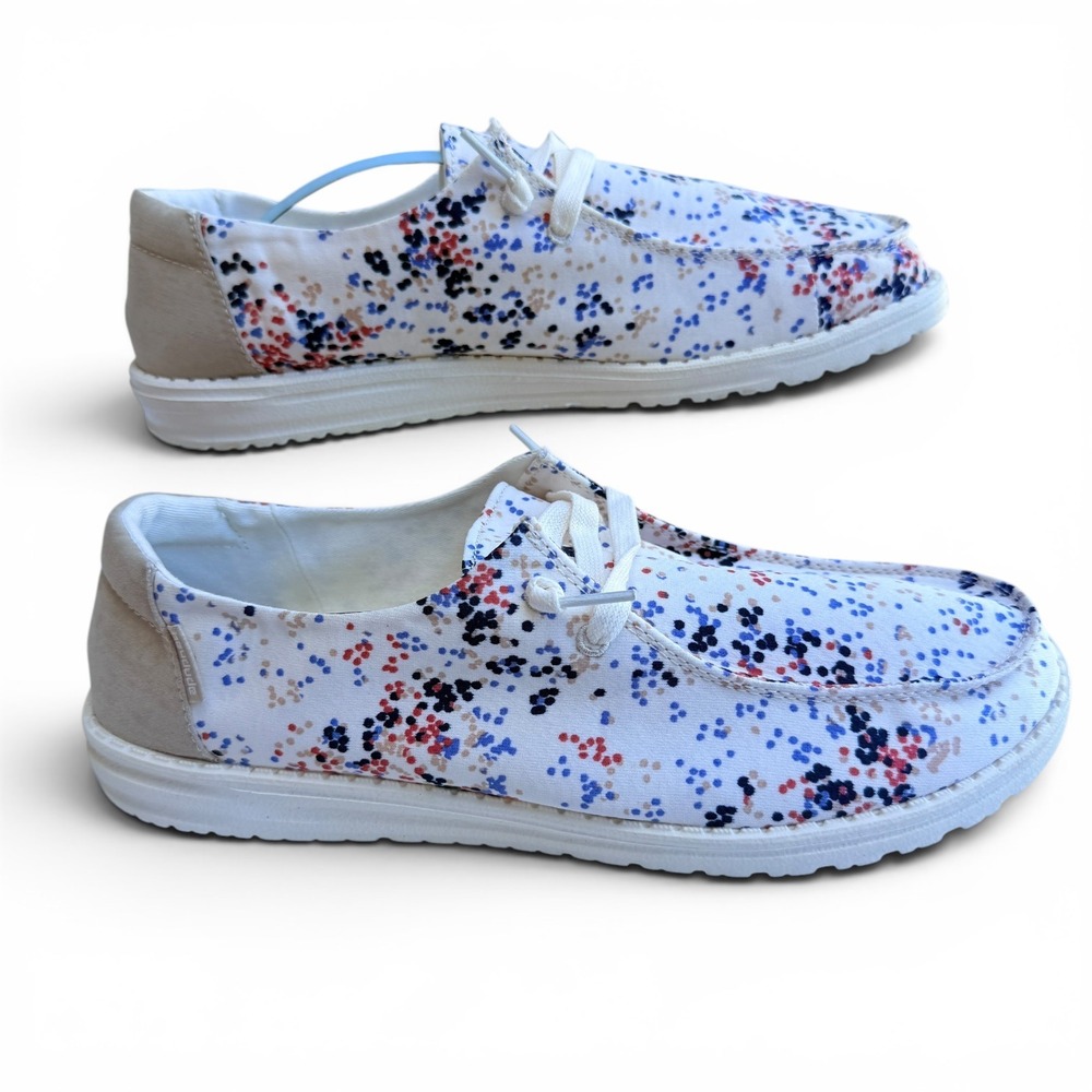 Hey Dude Wendy Women 12 White Confetti Canvas Slip On‎ Loafers Shoes **Read